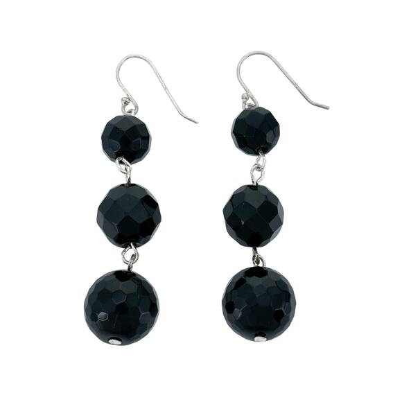 Faceted Black Glass Bead Dangle Earrings | Vintage Silver Tone - Picture 2 of 4